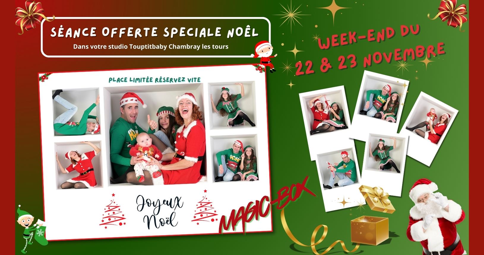 séance photo noël de famille dans une boite