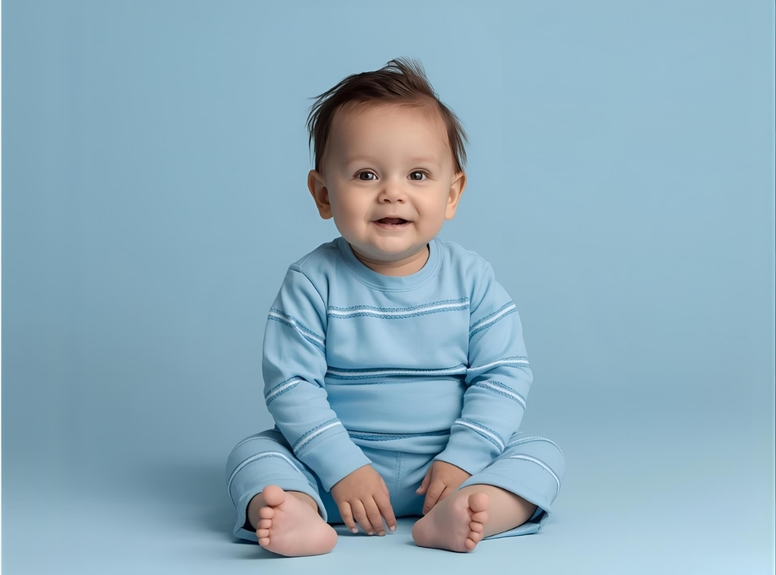 photo studio sur fond bleu avec une tenue assortis