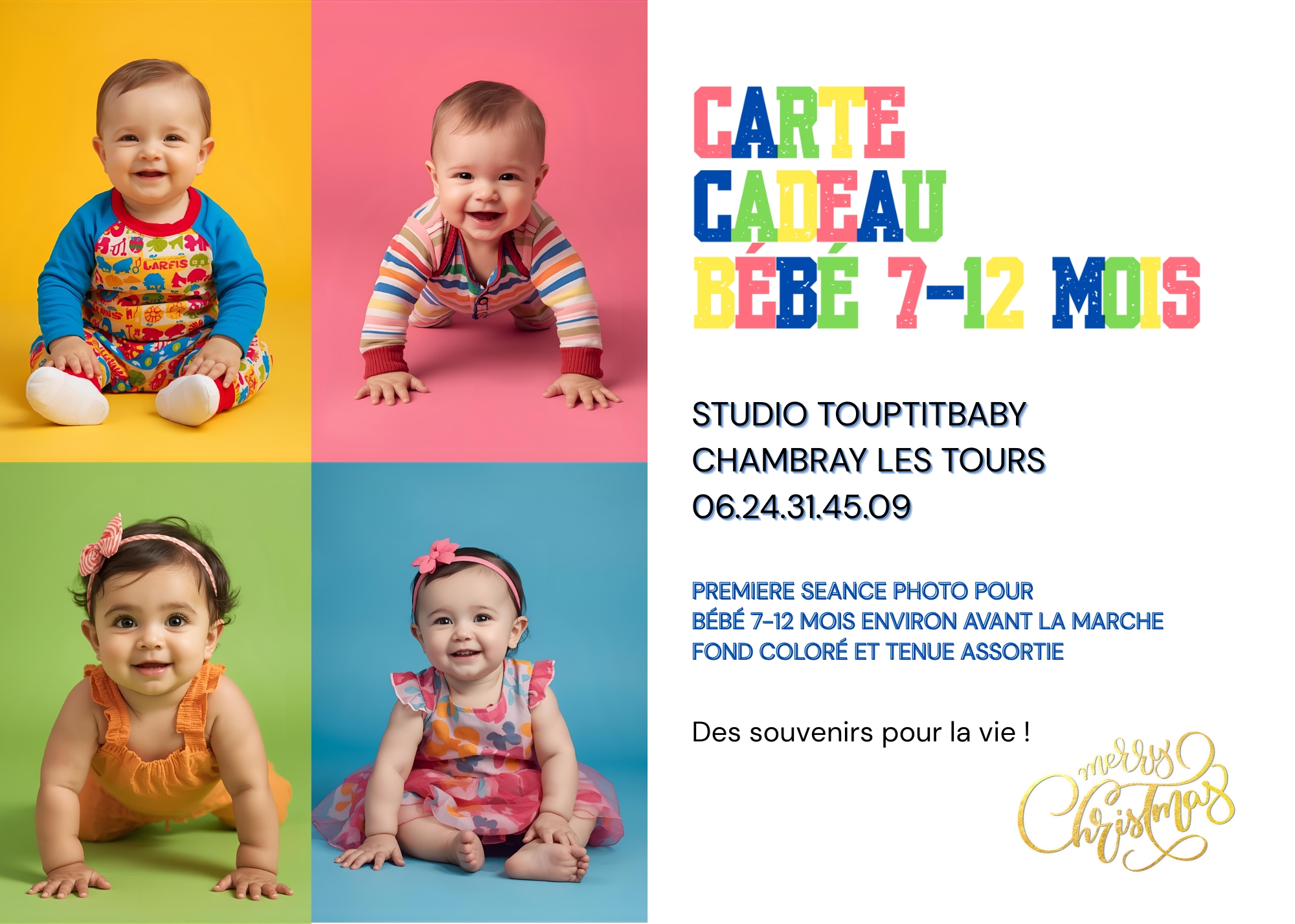 carte cadeau pour une séance photo de bébé sur des fonds colorés